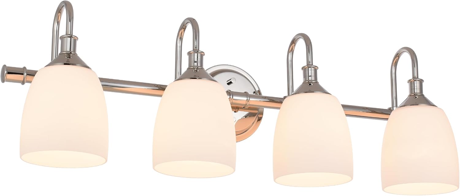 4-Light Polished Nickel Bathroom Vanity Light Fixtures Over Mirror, Vintage Vanity Lights for Living Room, Milk White Glass Shades, Standard E26 Base