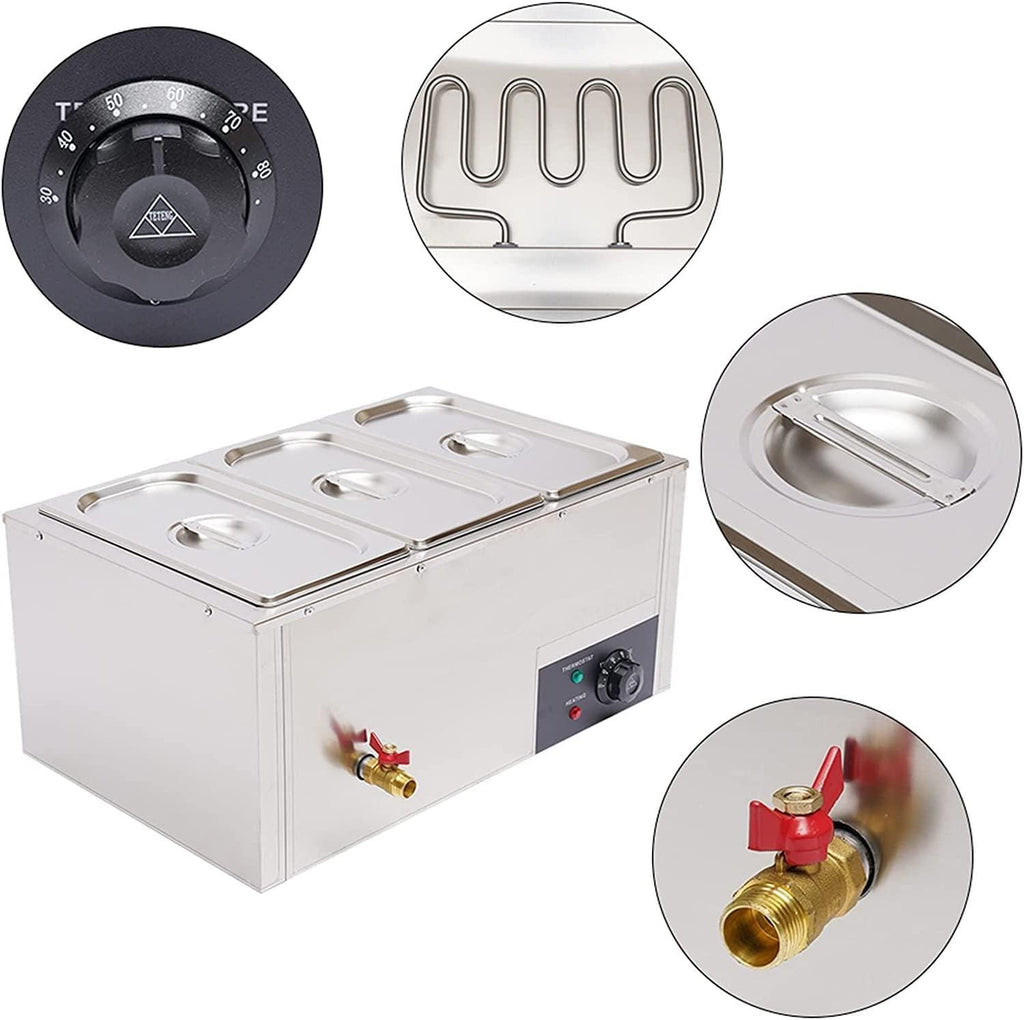 Electric Food Warmer, 3 Section Buffet Warmer and Hot Plate, Stainless Steel Electric Buffet Server, Adjustable Thermostat Commercial Countertop Food Warmer with Covers, Drain Tap for Restaurants