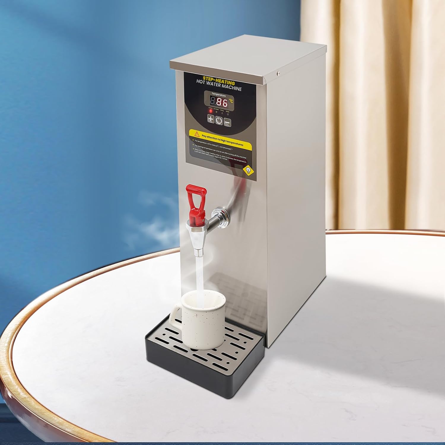 Step-Heating Commercial Hot Water Dispenser Countertop 2000W Fast Ready Water Boiler Machine Automatic 8L Water Boiler for Restaurant, Home, Office (Silver)