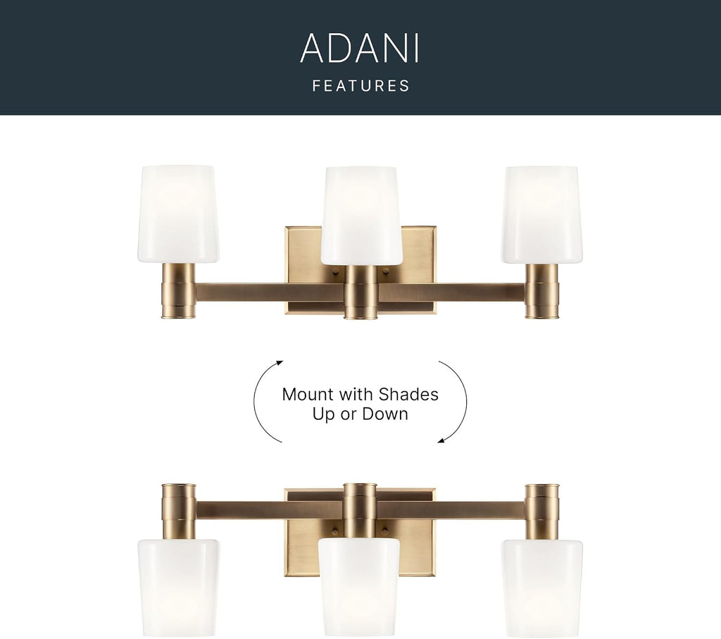 Kichler Adani 3-Light Vanity Light Fixture, Modern Bathroom Vanity Lighting with Opal Glass in Champagne Bronze for Bathroom or Powder Room Wall Mount (8.25' x 24'), 55176CPZ