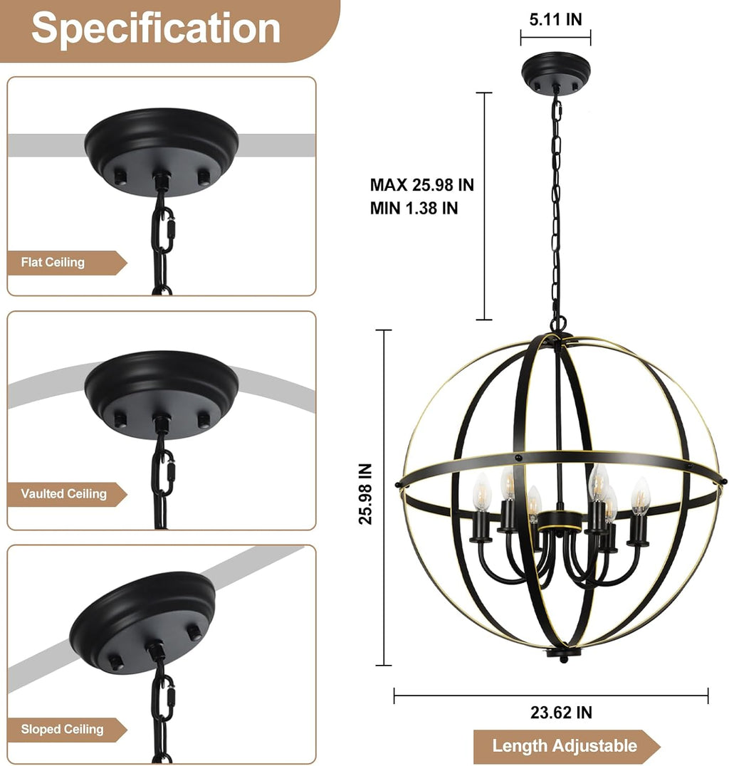 DLLT 6-Light Orb Chandelier, Black and Gold Globe Pendant Lights, Industrial Sphere Pendant Lighting Over Island, Adjustable Hanging Light with Metal Cage for Dining Room Foyer, E12 Bulbs Not Included