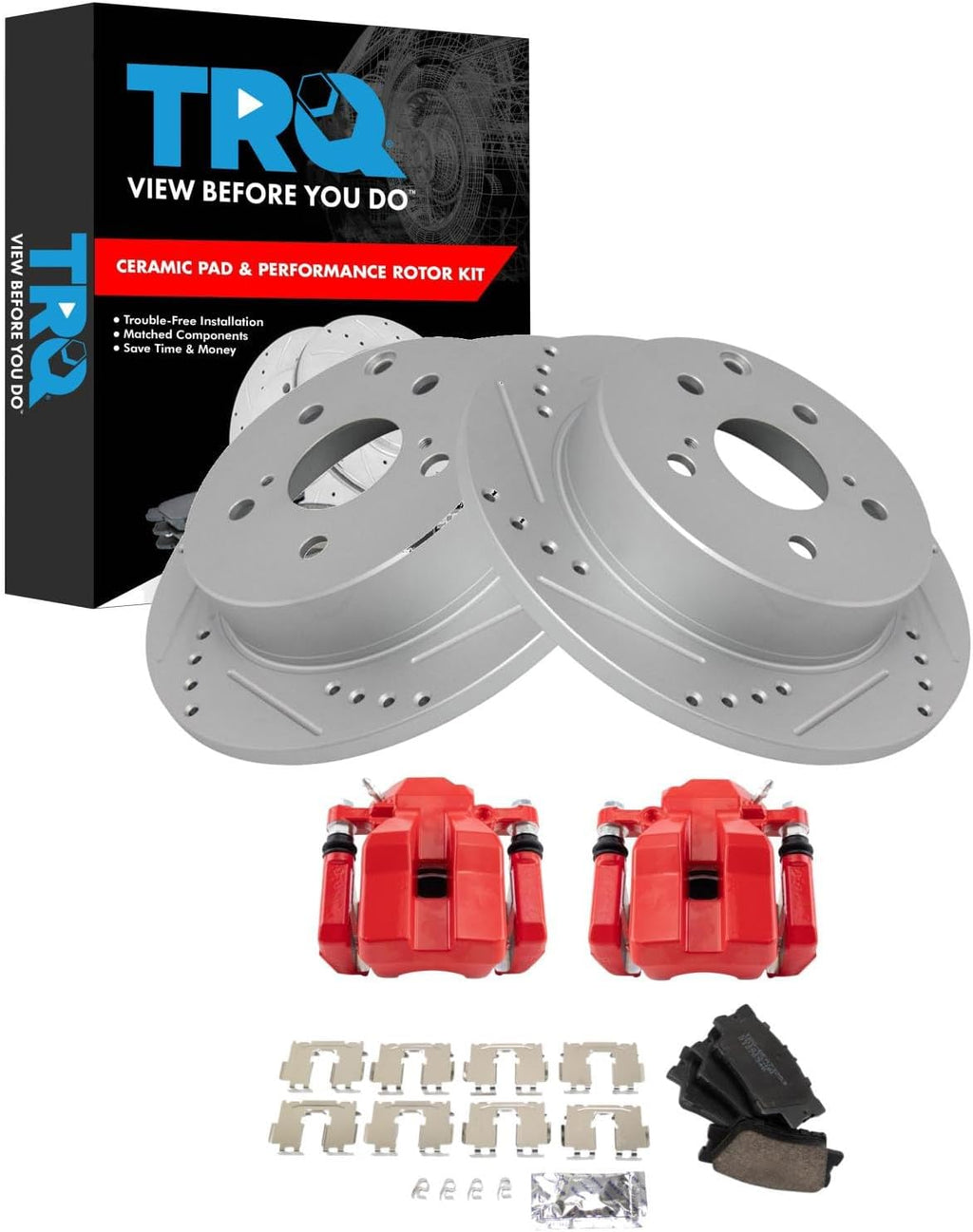 TRQ Performance Rear Brake Pad and Rotor Set Ceramic Coated Drilled Slotted Vented Rotors Calipers Red Compatible with 2006-2011 Toyota RAV4