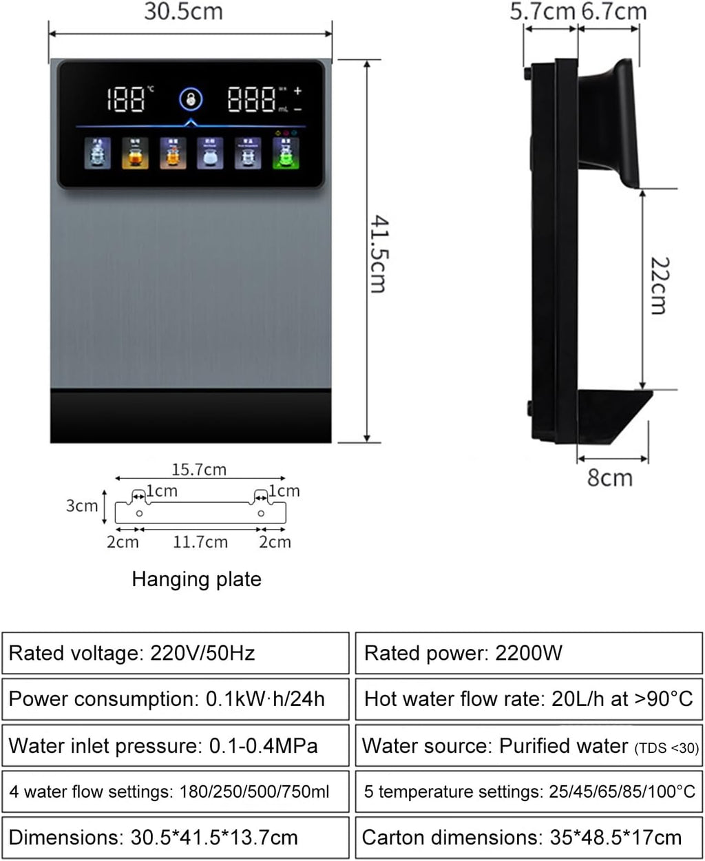 Wall-Mounted Mains Fed Unit Water Dispenser, Heating Water Dispenser 3S Instant Hot, W/Electronic Child Lock, Intelligent Touch Screen, for Office, Commercial Staff Canteens