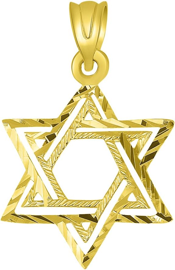Solid 14K Yellow Gold Textured Hebrew Star of David Pendant Necklace
