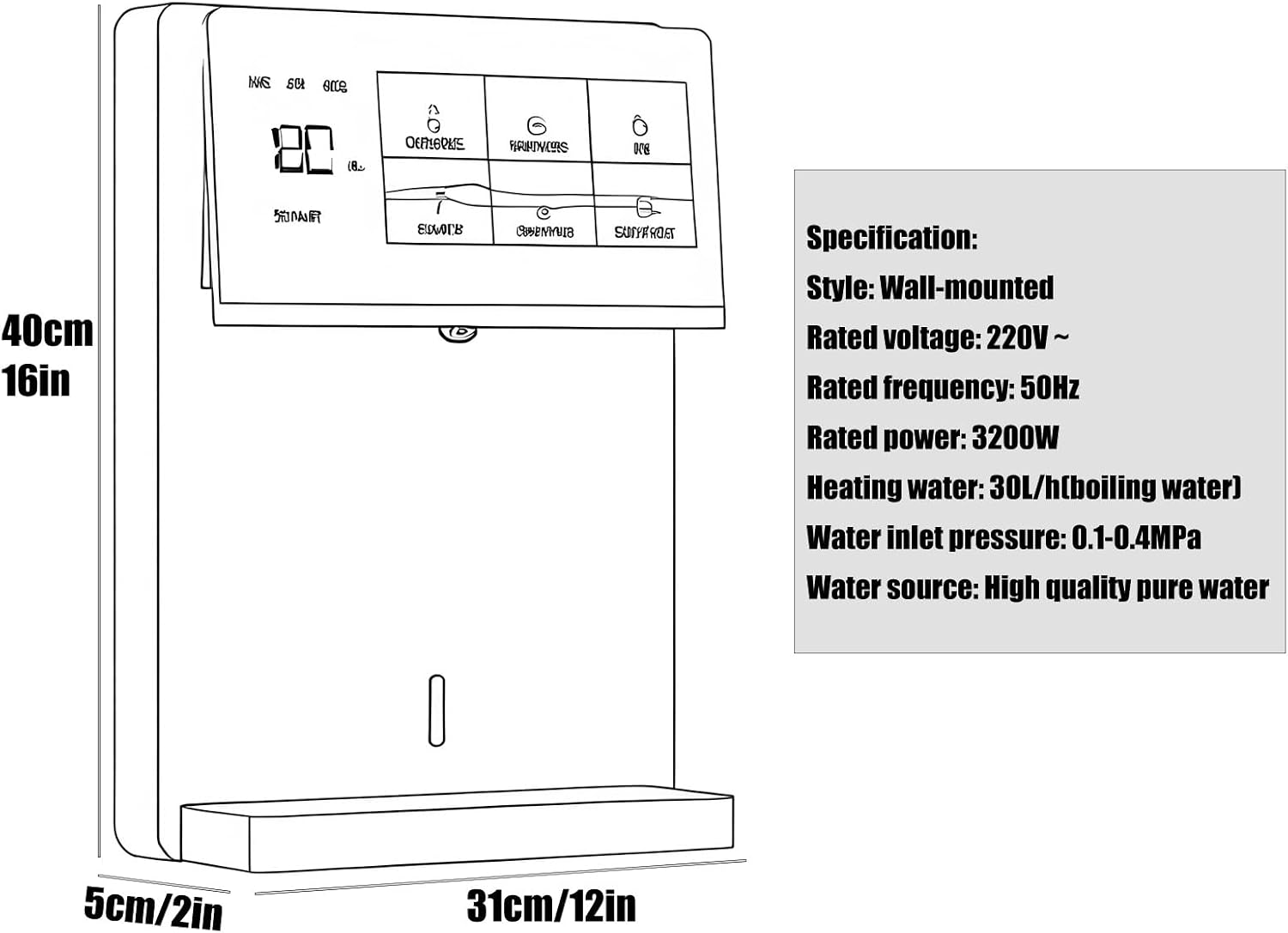 Wall Mounted Hot and Cold Water Dispenser, 3200W Instant Heat Water Cooler, 5 Precise Temperature Control, Intelligent Large Screen Touch, Child Lock(White)