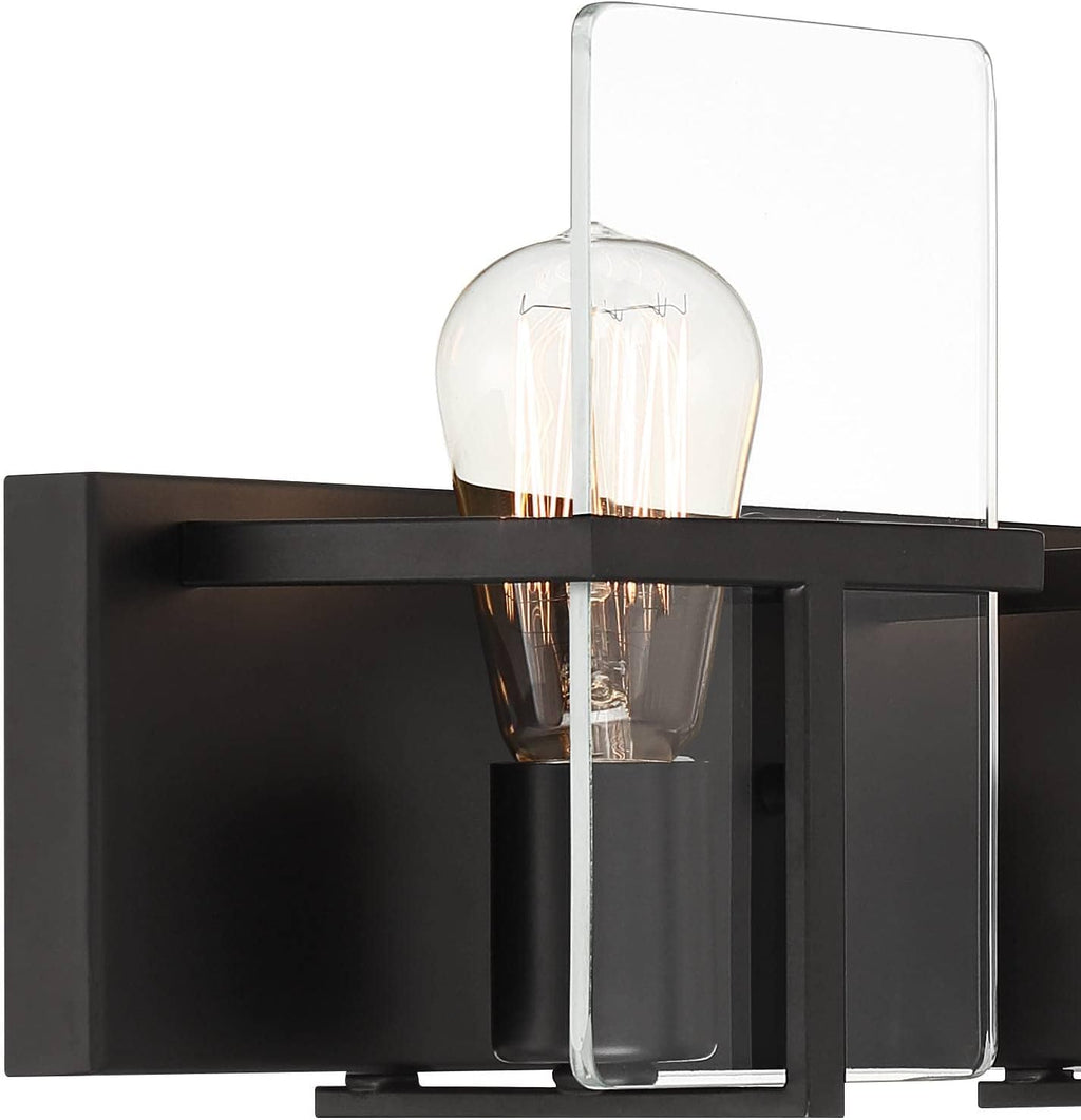 Possini Euro Design Trezza Modern Industrial Wall Mount Light Matte Black Hardwired 24' 3-Light Fixture Clear Glass Flat Panels for Bathroom Vanity Mirror House Home Living Room Hallway Decor