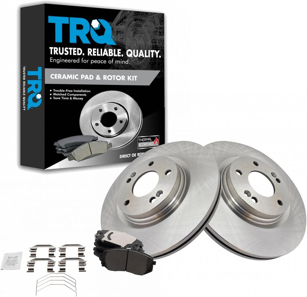 TRQ Front Ceramic Brake Pad and Rotor Set Compatible with 17-18 Hyundai Sonata Plug-In Hybrid 18-20 Kia Optima SX 19-21 Hyundai Kona SE All Wheel Drive 19-21 Veloster Turbo 17-18 Kia Soul