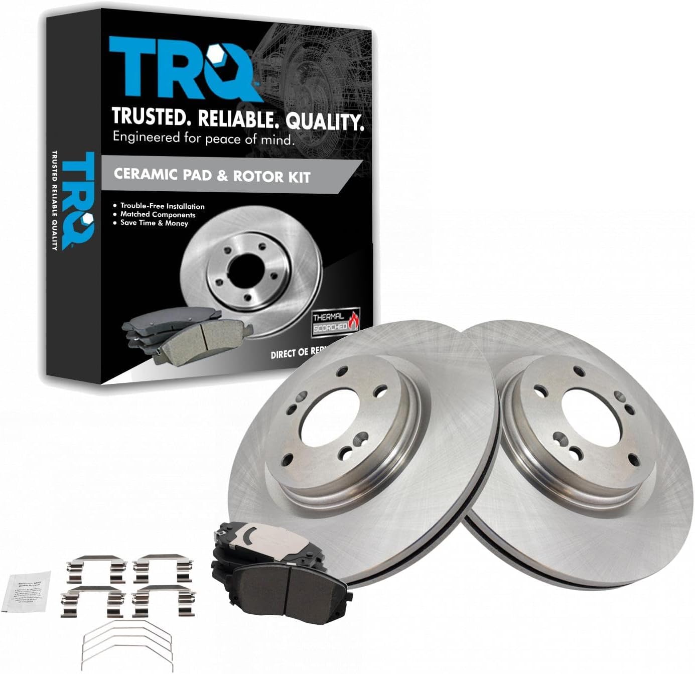 TRQ Front Ceramic Brake Pad and Rotor Set Compatible with 17-18 Hyundai Sonata Plug-In Hybrid 18-20 Kia Optima SX 19-21 Hyundai Kona SE All Wheel Drive 19-21 Veloster Turbo 17-18 Kia Soul