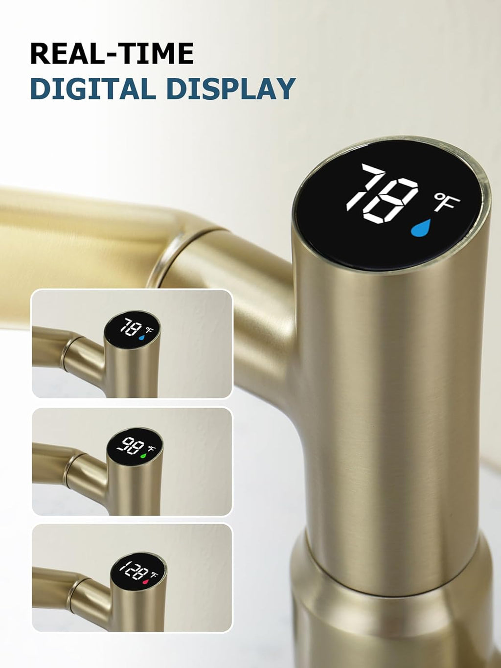 Lefton Rotatable Bathroom Faucet with Temperature Display in Fahrenheit (Batteries-Free), 3 Water Modes, Brushed Gold, BF2204-6