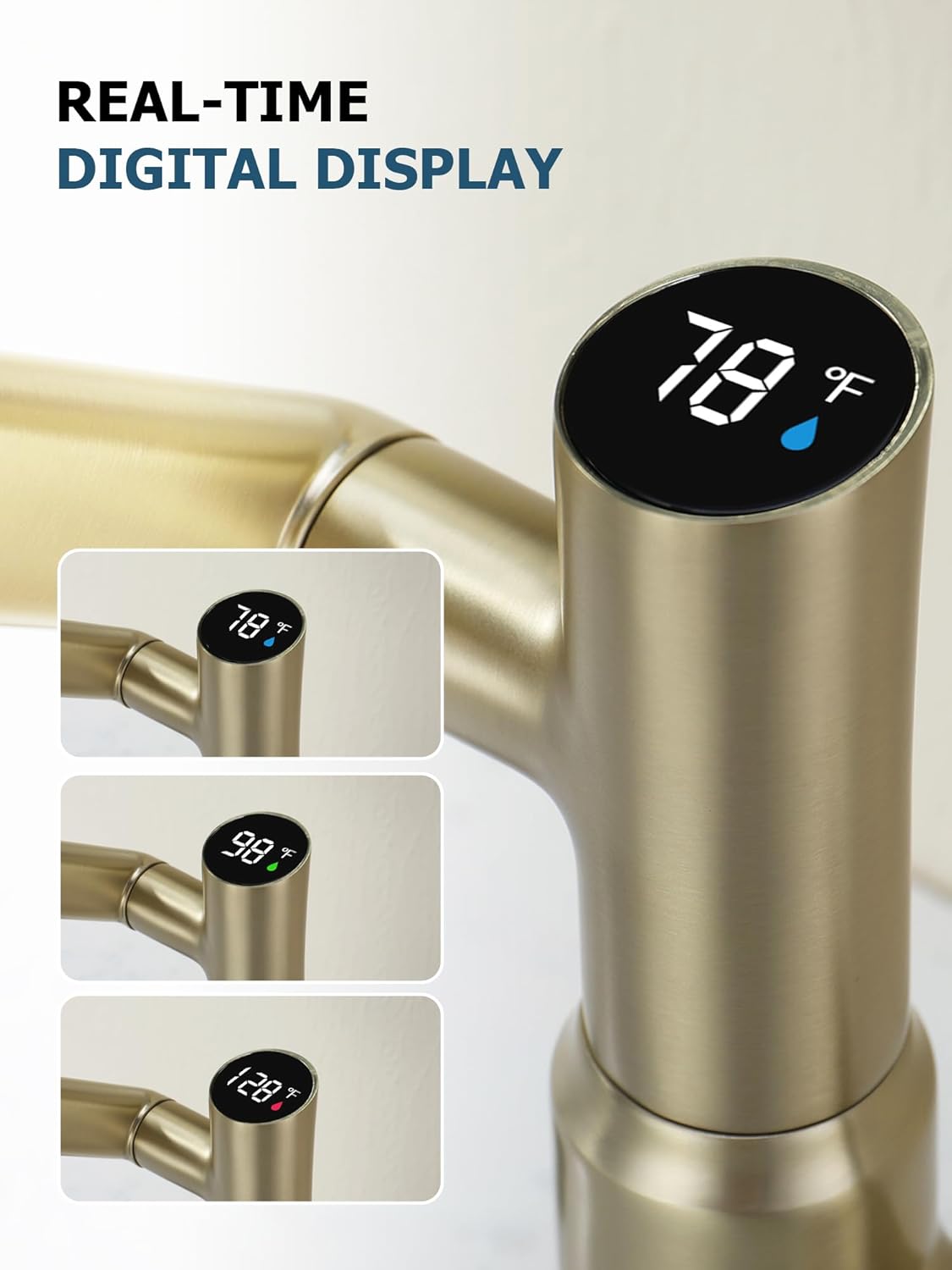 Lefton Rotatable Bathroom Faucet with Temperature Display in Fahrenheit (Batteries-Free), 3 Water Modes, Brushed Gold, BF2204-6