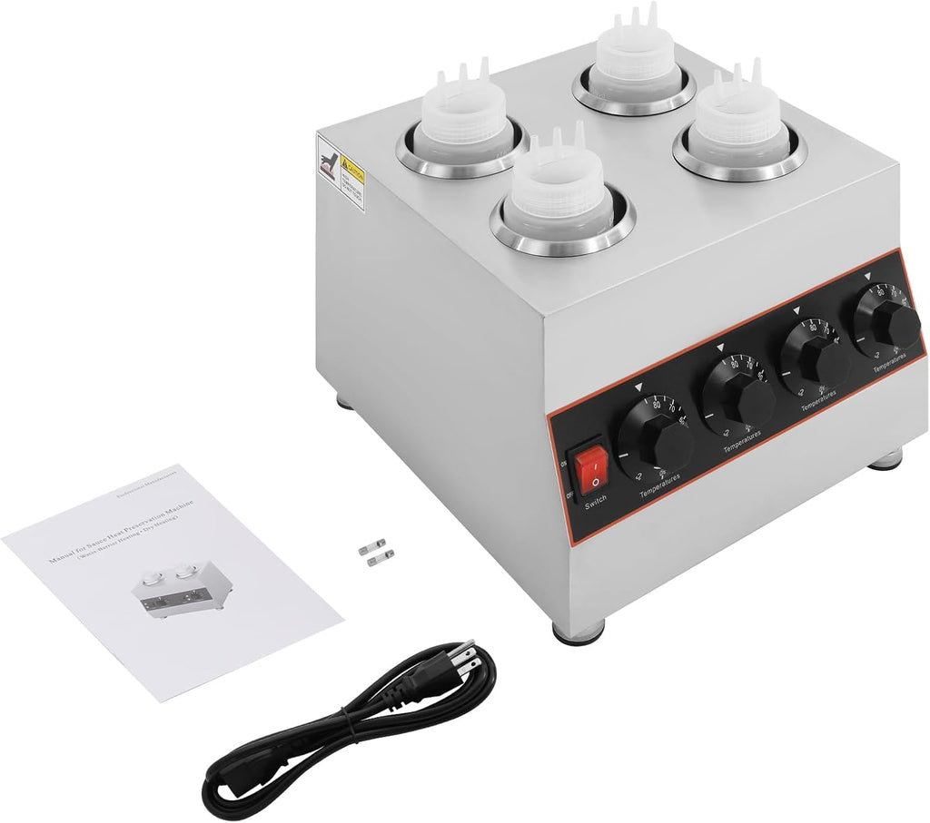 Electric Sauce Warmer Dispenser, 4 Grids Countertop Stainless Steel Sauce Heat Preservation Machine Hot Fudge Bottle Warmer Nacho Cheese Warmer Dispenser 86-185 ℉ 640W