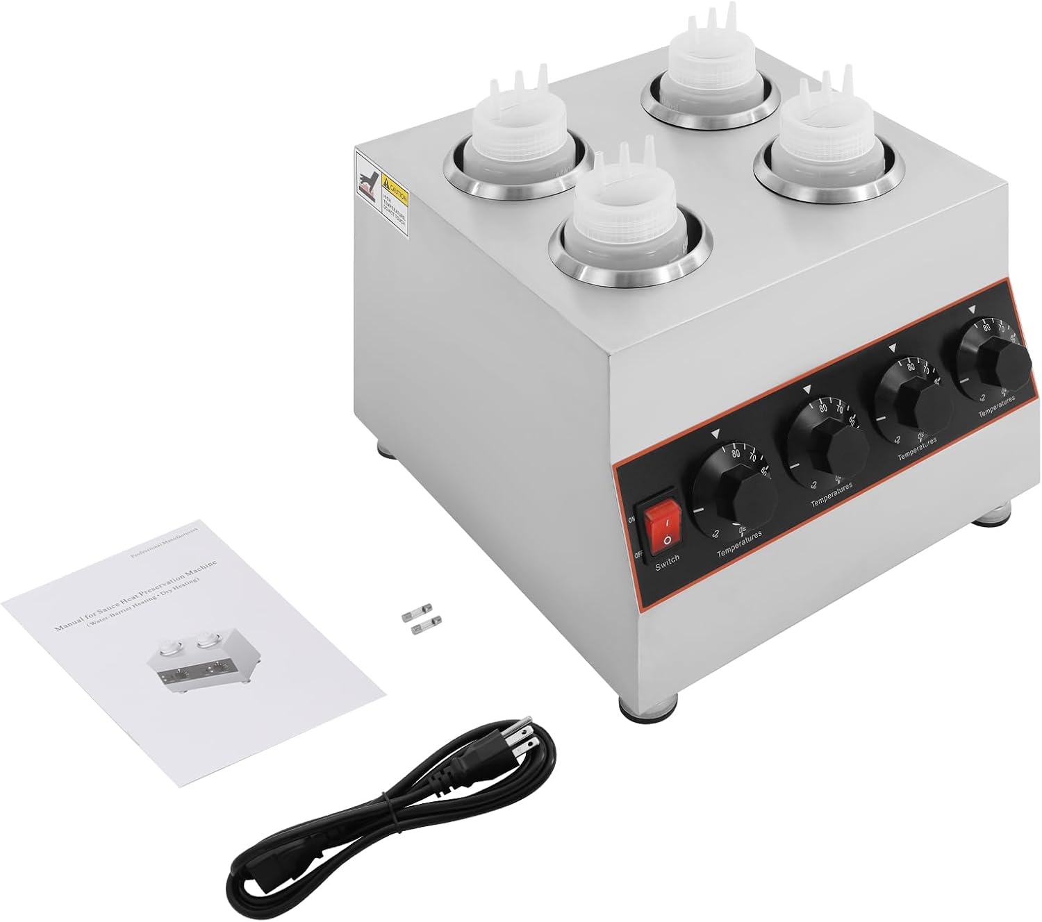 Electric Sauce Warmer Dispenser, 4 Bottle Stainless Steel Countertop Chocolate & Cheese Warmer Machine with Adjustable Temperature (86-185°F), Water Bath Heating for Restaurants, Home, Cafes
