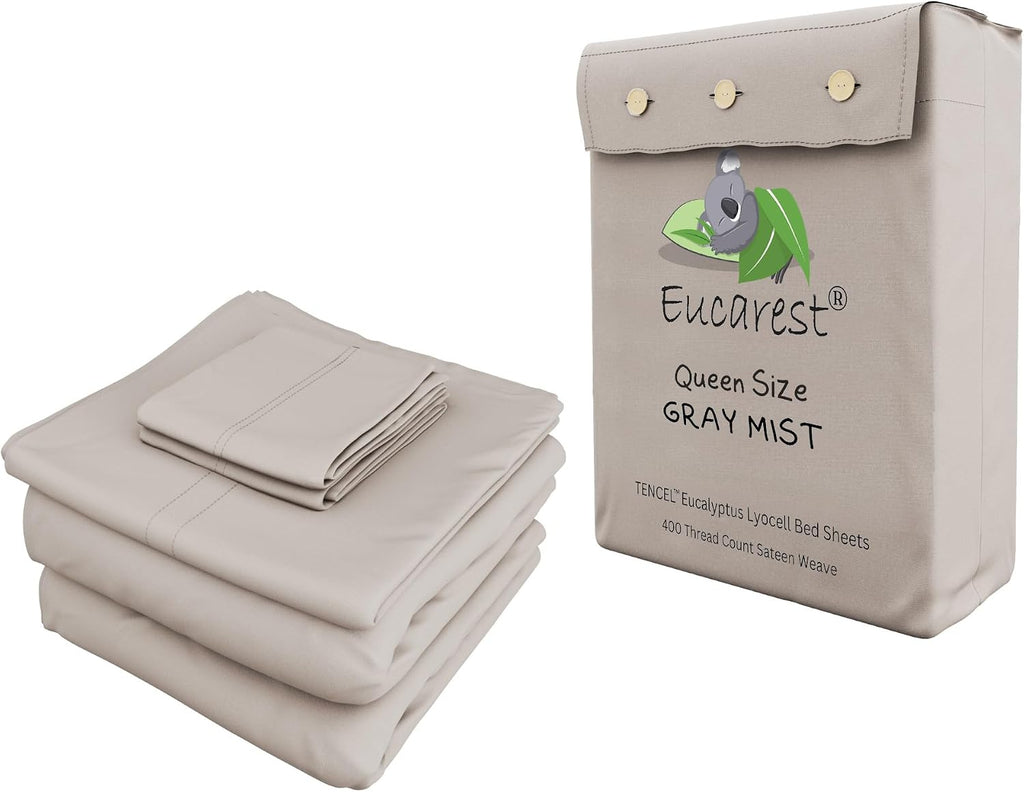 Eucalyptus Lyocell Bed Sheets, Hypoallergenic 100% Organic Tencel, Thermal Regulating and Moisture Wicking for Hot Sleepers, Superior Thread Quality, Extra Deep Pockets Queen Size - Gray