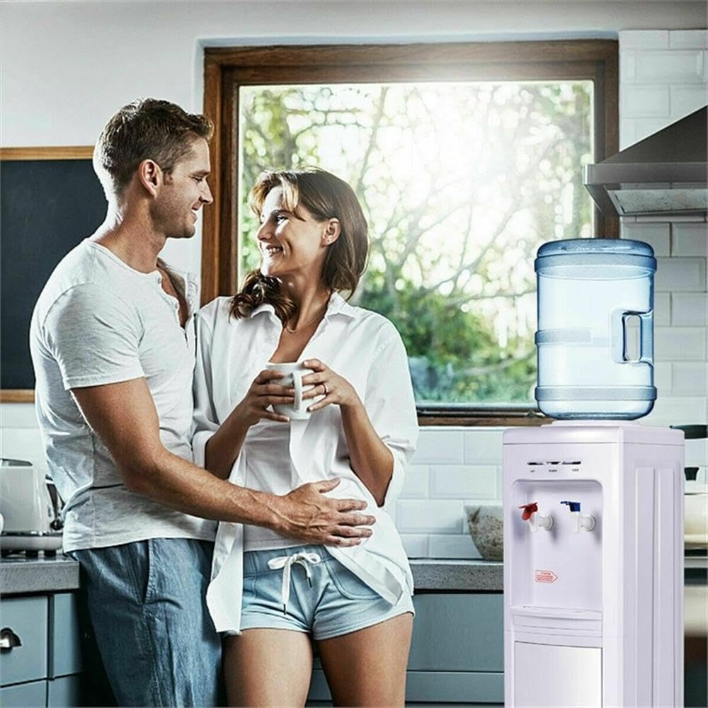 Pemberly Row Electric Water Dispenser, 5 Gallon Bottle Capacity, White Plastic, 11.8'x11.0'x31.5', Child Safety Lock, LED Indicator, Storage Cabinet, Top Load Design for Home or Office Use