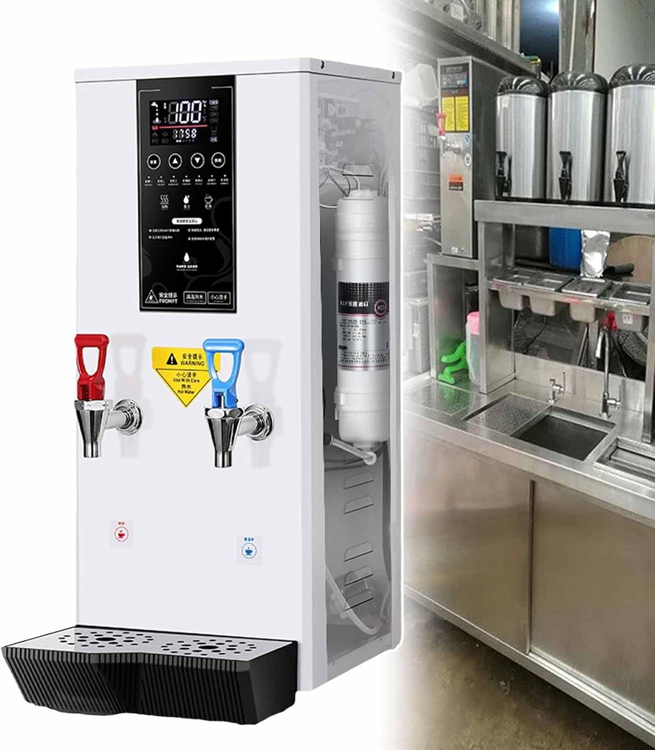 Commercial Water Boiler, Automatic Hot Water Dispenser with Water Connection & Drip Tray, Stepping Type Boiling Water Machine, for Offices, Restaurants, Milk Tea Stores,White