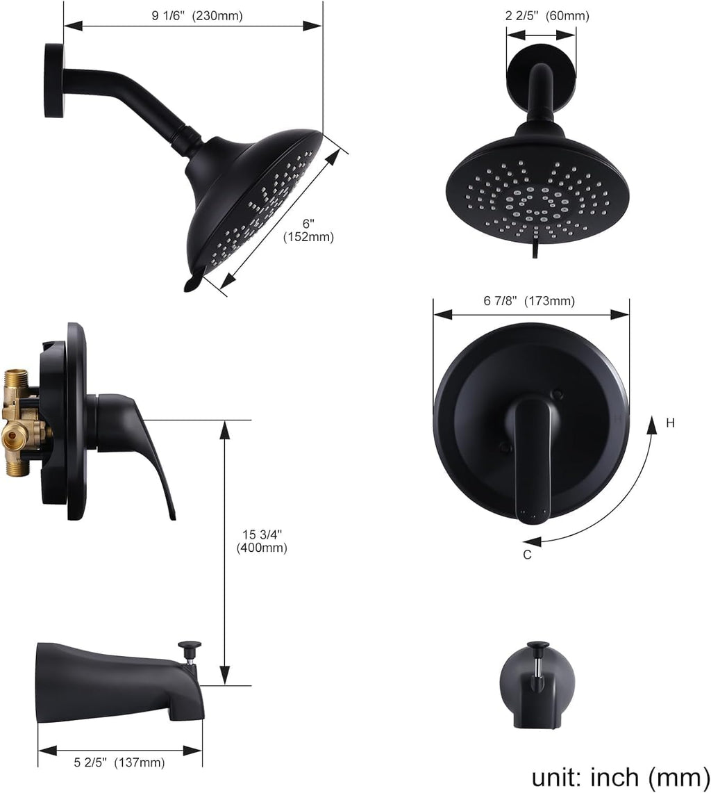 Shower Faucet with Valve, Black Bathroom Tub Shower Faucet Kit, Single Handle Rain Shower Head with Tub Spout, Solid Brass Shower Tub Faucet Set Complete, Bathtub Faucet with Shower