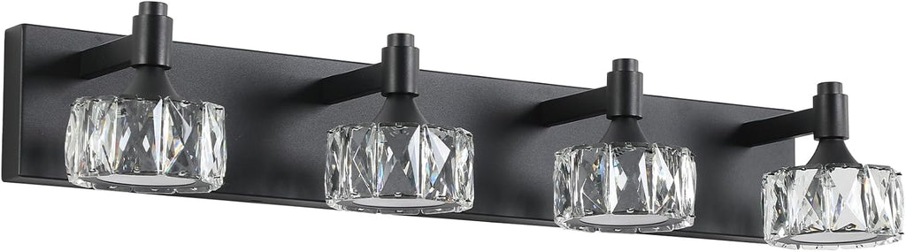 Modern 4-Light LED Vanity Light Dimmable with Faceted Crystal Shades 27.6 Inch Bathroom Lighting Fixture Matte Black and Brushed Gold Finish