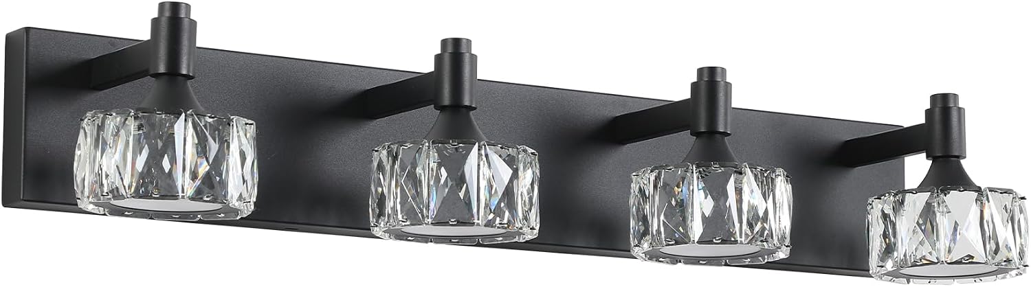 Modern 4-Light LED Vanity Light Dimmable with Faceted Crystal Shades 27.6 Inch Bathroom Lighting Fixture Matte Black and Brushed Gold Finish