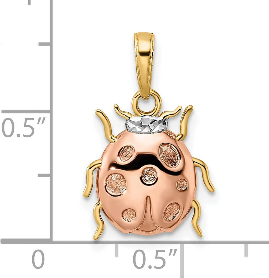 14k Yellow Gold Ladybug Pendant Charm with Rhodium and Rose Tone Accents | 15 x 13 mm charm, 19 mm length with bail, white rhodium and rose tone accents, polished diamond-cut details, solid 14k gold
