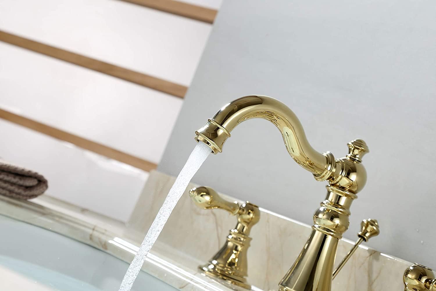 Gold Finish Bathroom Faucet 8 Inch Widespread Polished Brass,Two-Handle Sink Faucet 3 Hole with Brass Pop up Drain Assembly, F-8303-PB