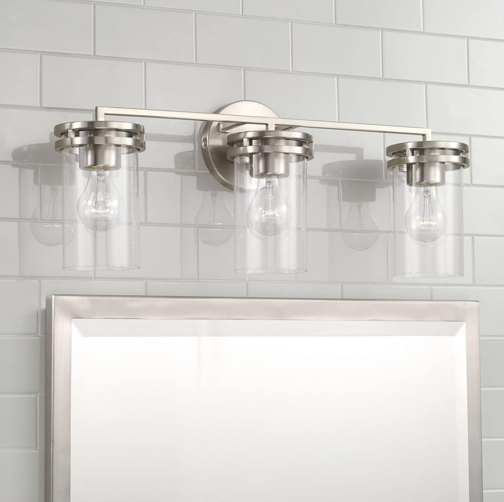 HomePlace by Capital Lighting 148731BN-539 Fuller Transitional Clear Glass Cylinder Vanity Light for Bathroom, 3-Light 300 Total Watts, 10' H x 24' W, Brushed/Satin Nickel