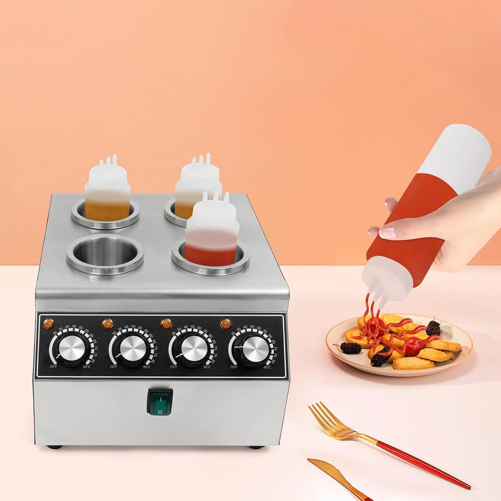 Electric Sauce Warmer Dispenser, 4 Grids Countertop Stainless Steel Sauce Heat Preservation Machine Hot Fudge Bottle Warmer Nacho Cheese Warmer Dispenser 86-185 ℉ 650ml