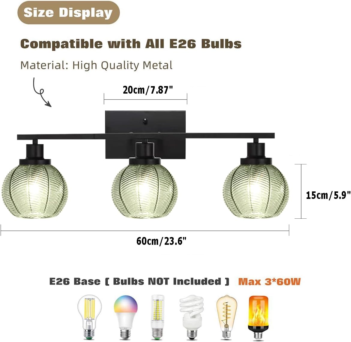 Farmhouse 3-Light Sage Green Glass Vanity Wall Light Fixture | Industrial 3-Light Sage Green Ribbed Globe Wall Sconce, E26 Lighting For Laundry, Powder Room, Hallway