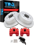 TRQ Performance Rear Brake Pad and Rotor Set Ceramic Coated Drilled Slotted Vented Rotors Calipers Red Compatible with 2004-2011 Ford F-150 2006-2008 Lincoln Mark LT