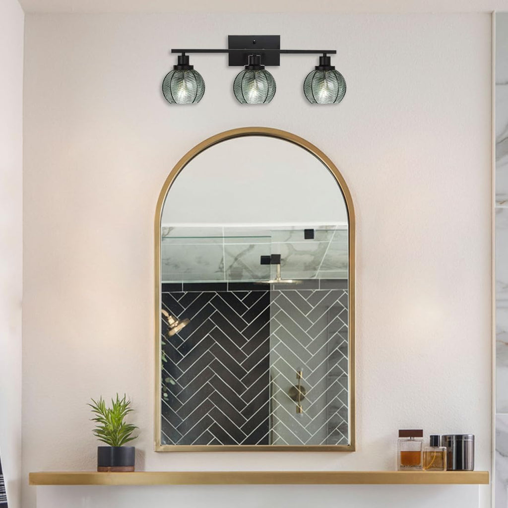 3-Light Bathroom Light Fixture Green Wall Lights with Ribbed Glass Shade Black Vanity Light Over Mirror Mid Century Wall Sconce for Bedside Bedroom Living Room