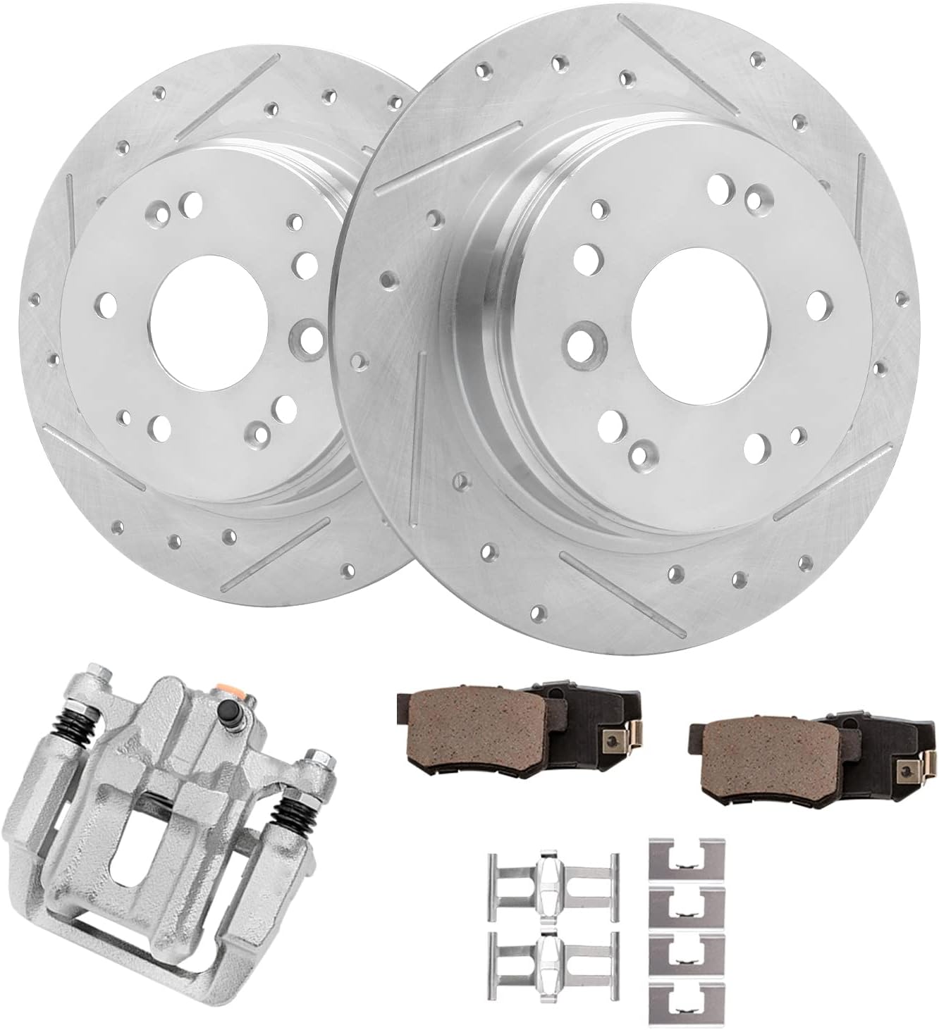 Detroit Axle - Rear Drilled Brake Rotors Brake Pads + Passenger Side Brake Caliper Replacement for Honda Element Acura TL - 5pc Set