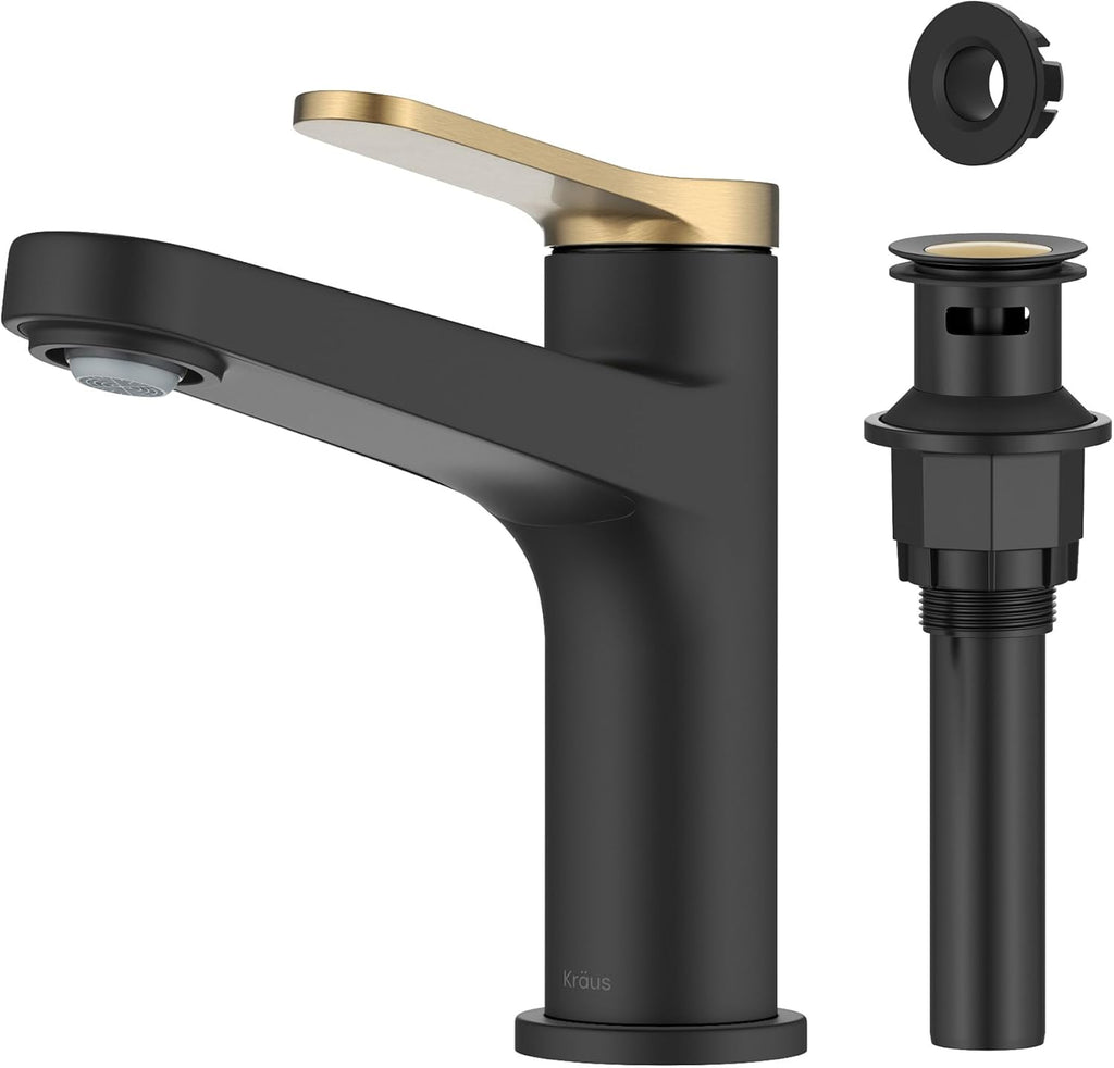 KRAUS Indy Single Handle One Hole Bathroom Sink Faucet in Spot-Free Brushed Brass/Matte Black, KBF-1411SFBBMB