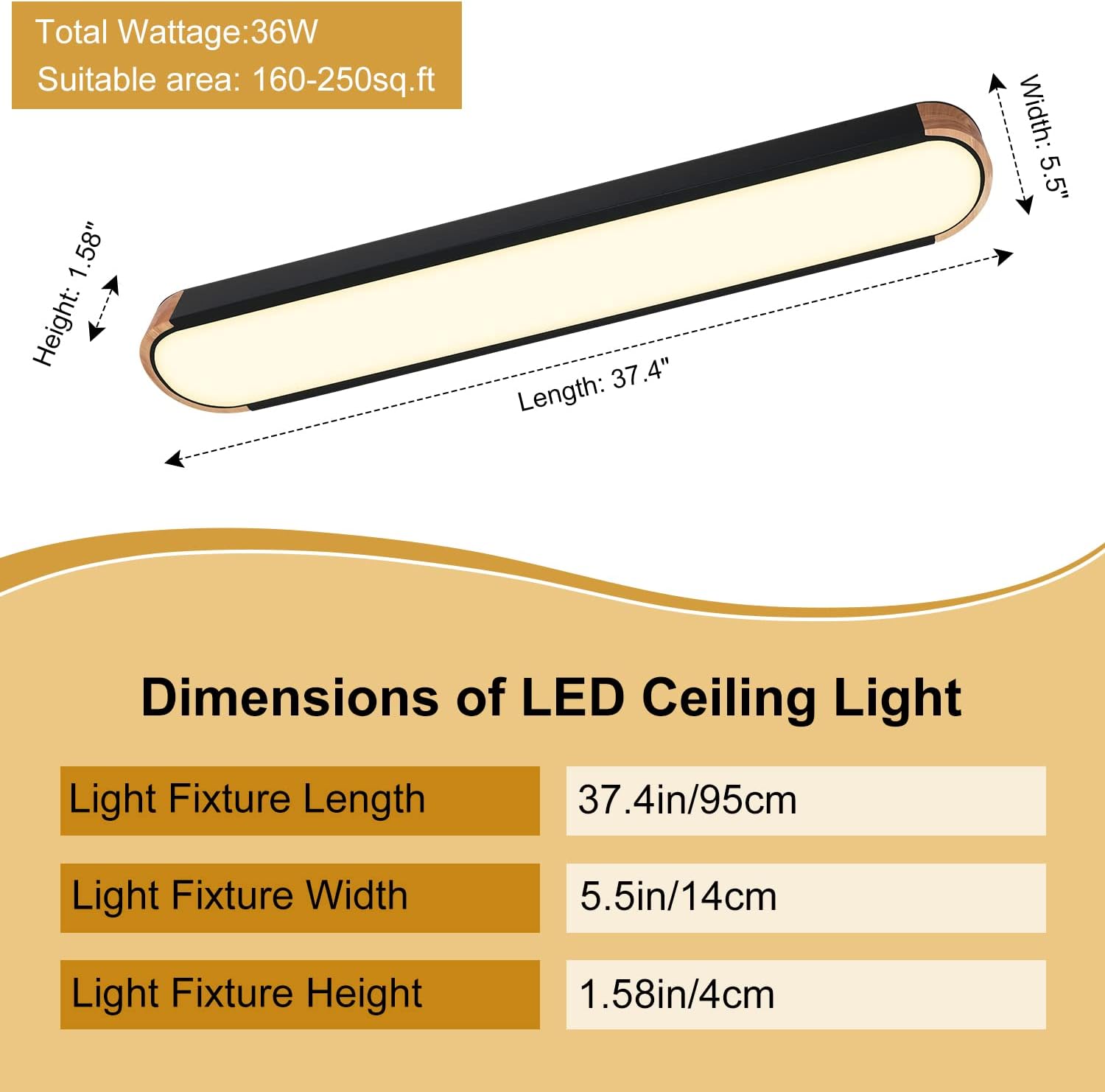 EDISLIVE Dimmable LED Ceiling Light with Remote Control 37.4in 3000K-6000K Minimalist Modern Wood Flush Mount Ceiling Light Low Profile Light Fixture Black