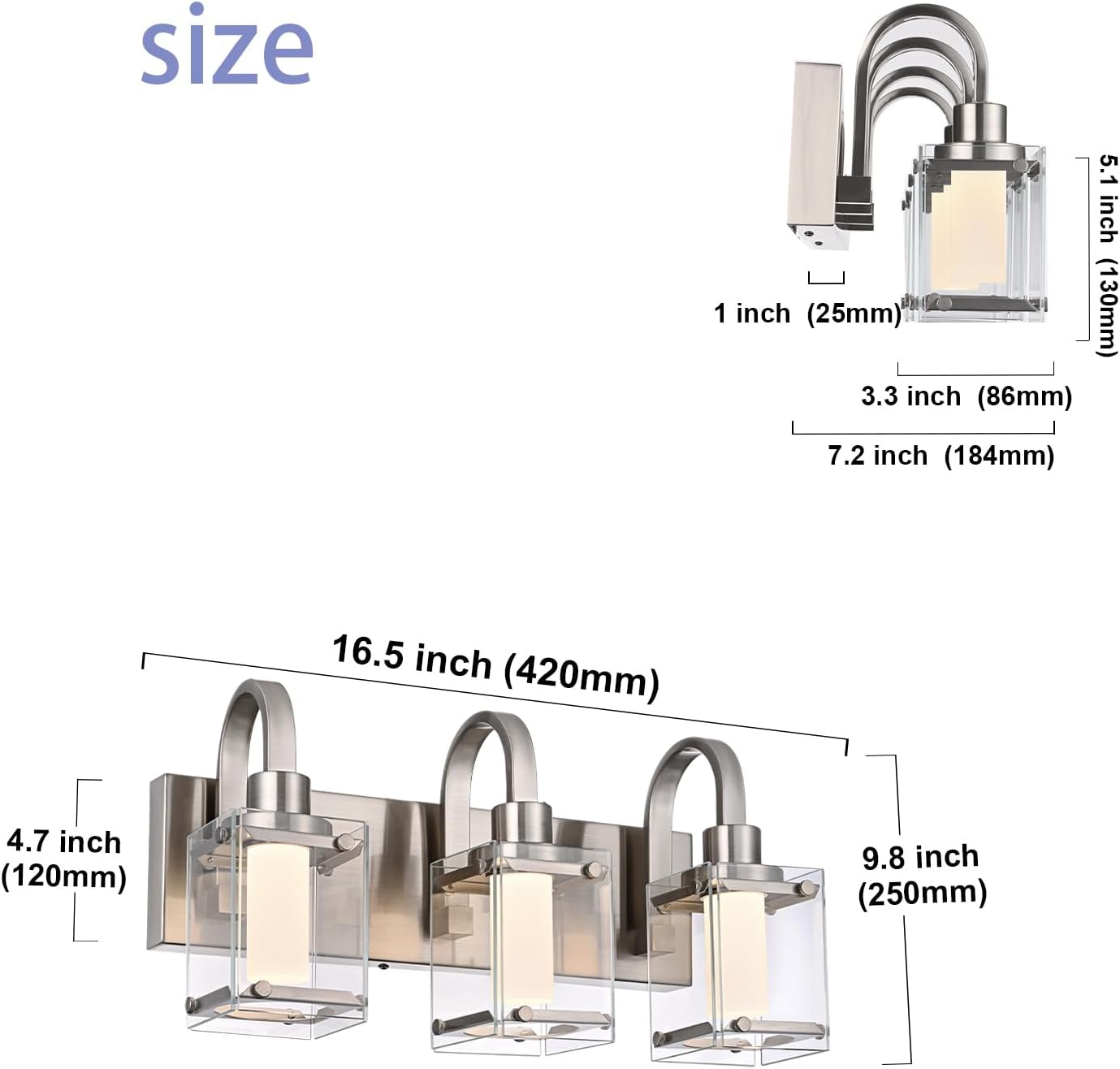 3-Light Brushed Nickel Vanity Light Fixtures, Modern LED Bathroom Wall Lights for Dressing Room, Integrated LED Chips with Frosted Column & Clear Square Glass Shades, Energy Saving Wall Sconce
