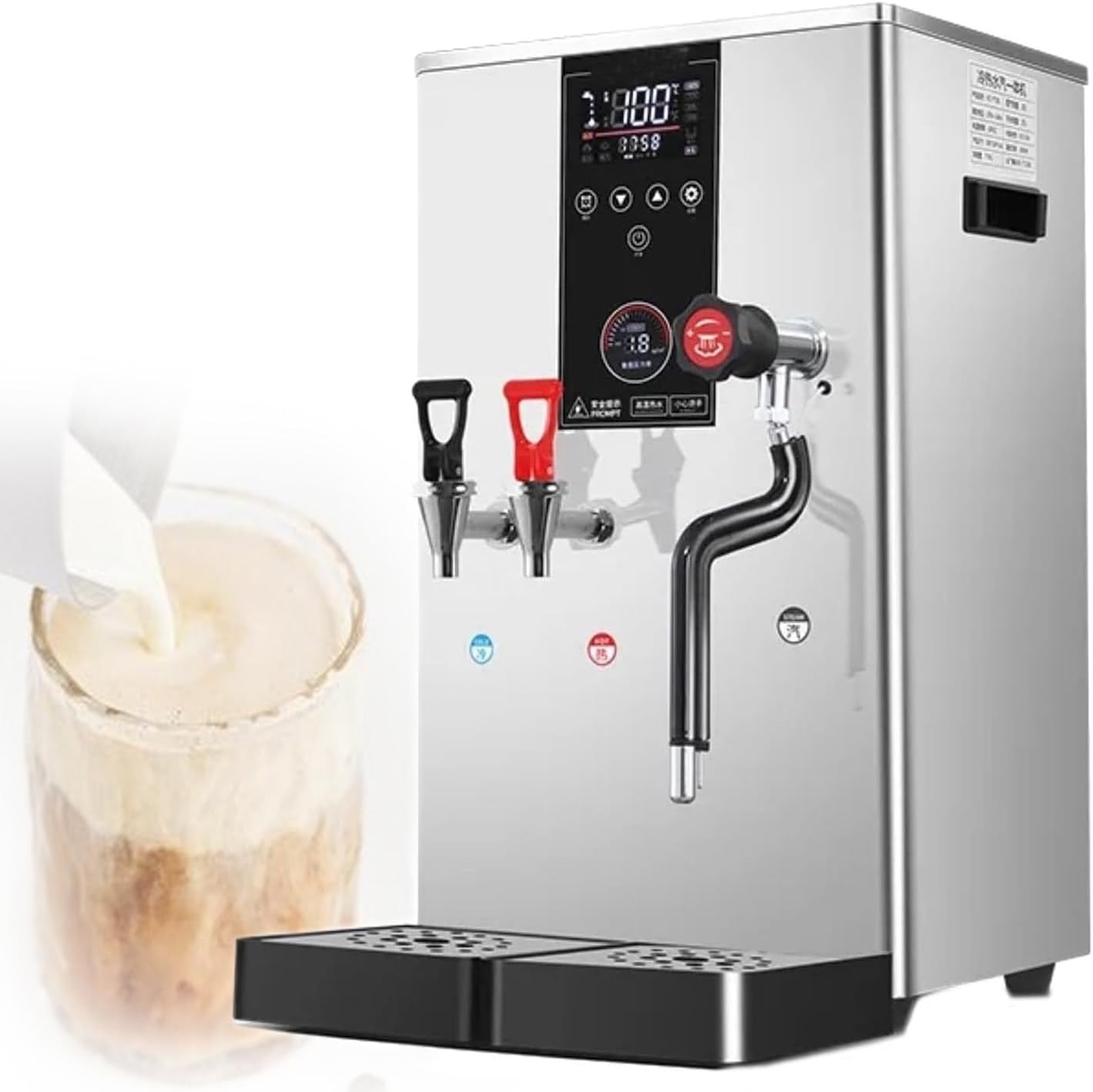 Commercial Grade Milk Frother and Hot Water Dispenser,304 Stainless Steel Inner Tank,Auto Pressure Relief,Anti-Scald Handles,LED Temperature Display,50l/H High Efficiency for Professional Use Silver