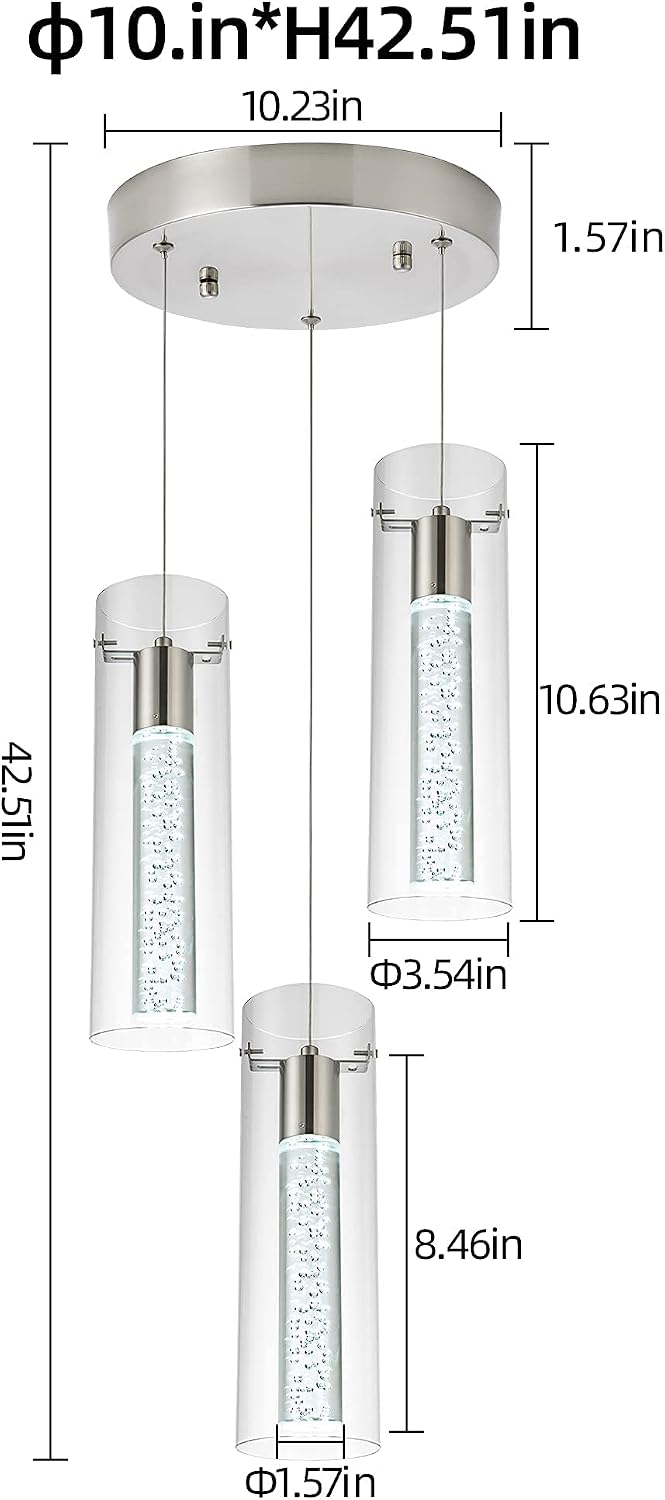 Kitchen Lighting Pendant Fixtures 3-Light LED Pendant Ceiling Fixture Brushed Nickel Bubble Cylinder Pendant Light with Adjustable Length for Kitchen Island Dinning Room Bedroom
