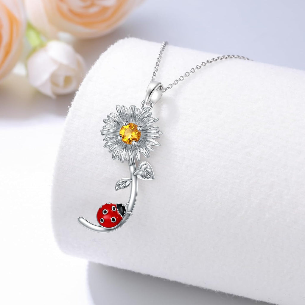 Daisy Ladybug Necklace 925 Sterling Silver Natural Citrine Daisy Flower Red Ladybug Pendant Jewelry Gifts for Women