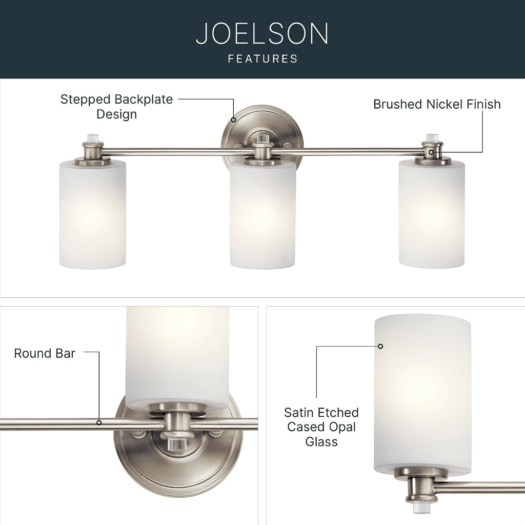 Kichler Joelson 24' 3 Light Vanity Light with Satin Etched Cased Opal and Clear Glass Accent Glass in Brushed Nickel