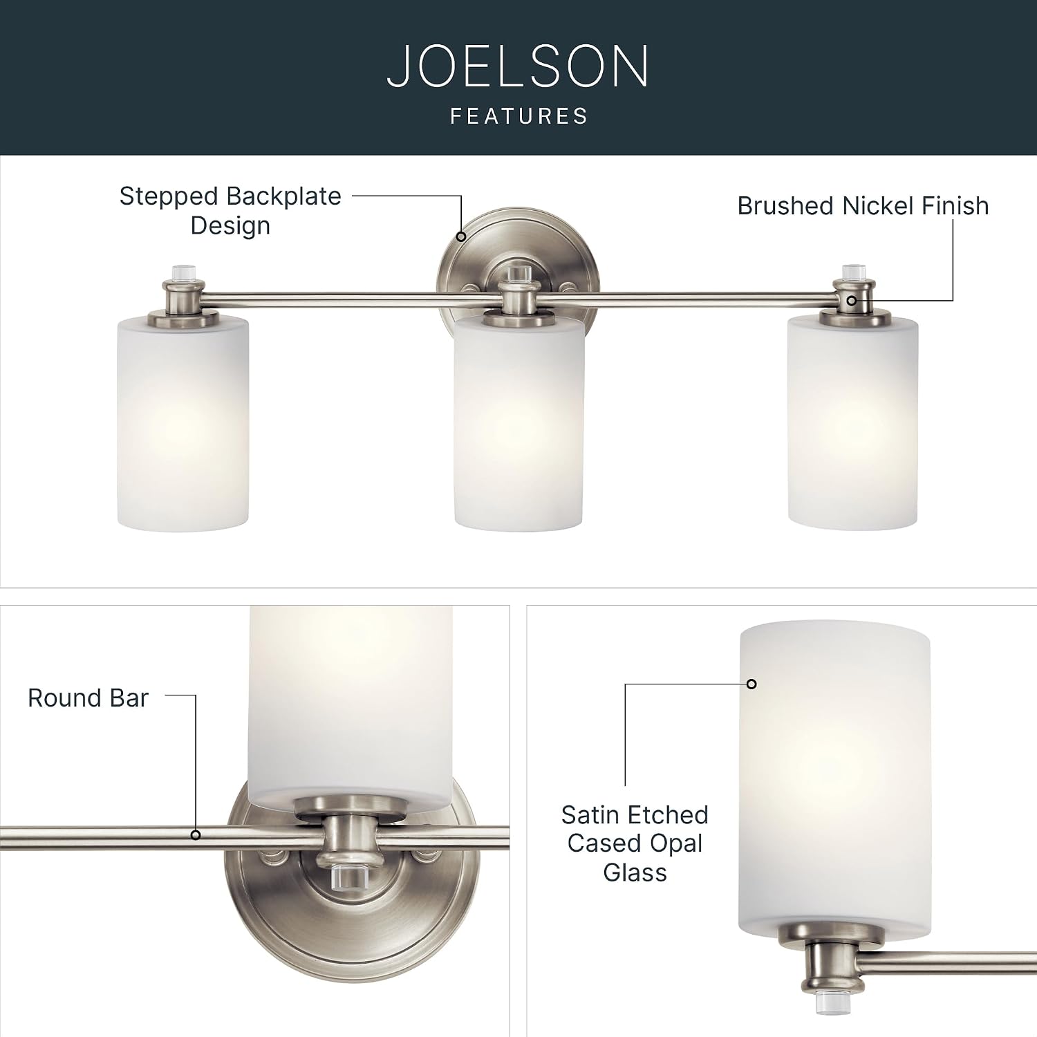Kichler Joelson 24' 3 Light Vanity Light with Satin Etched Cased Opal and Clear Glass Accent Glass in Brushed Nickel