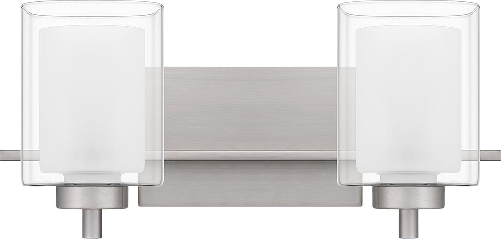 Quoizel Kolt Modern Vanity Lights, 2-Light, 18 Inch Brushed Nickel Bathroom Lighting Fixtures Over Mirror, Sandblasted Inner Glass, 100 W A19 Bulb, Wall Mount Light for Bathrooms, Kitchen or Hallway