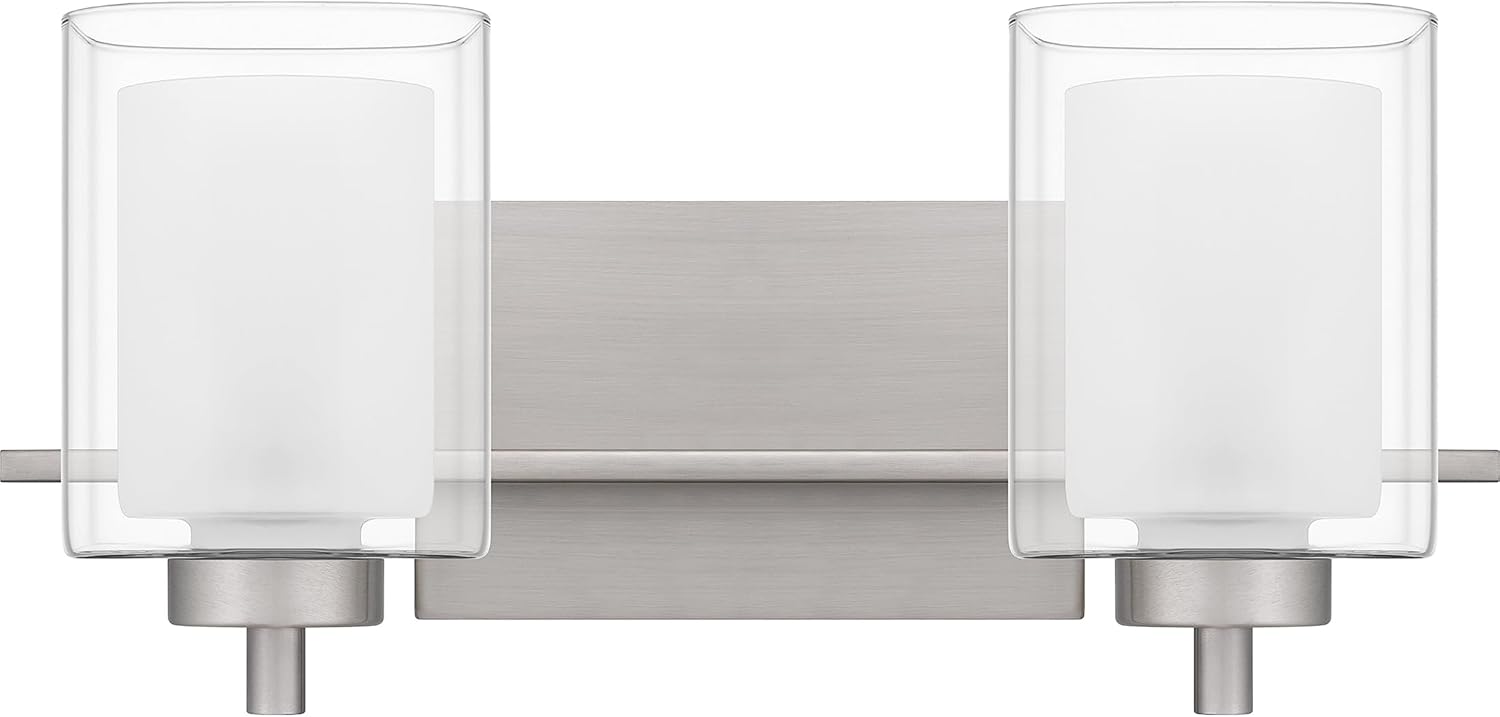 Quoizel Kolt Modern Vanity Lights, 2-Light, 18 Inch Brushed Nickel Bathroom Lighting Fixtures Over Mirror, Sandblasted Inner Glass, 100 W A19 Bulb, Wall Mount Light for Bathrooms, Kitchen or Hallway