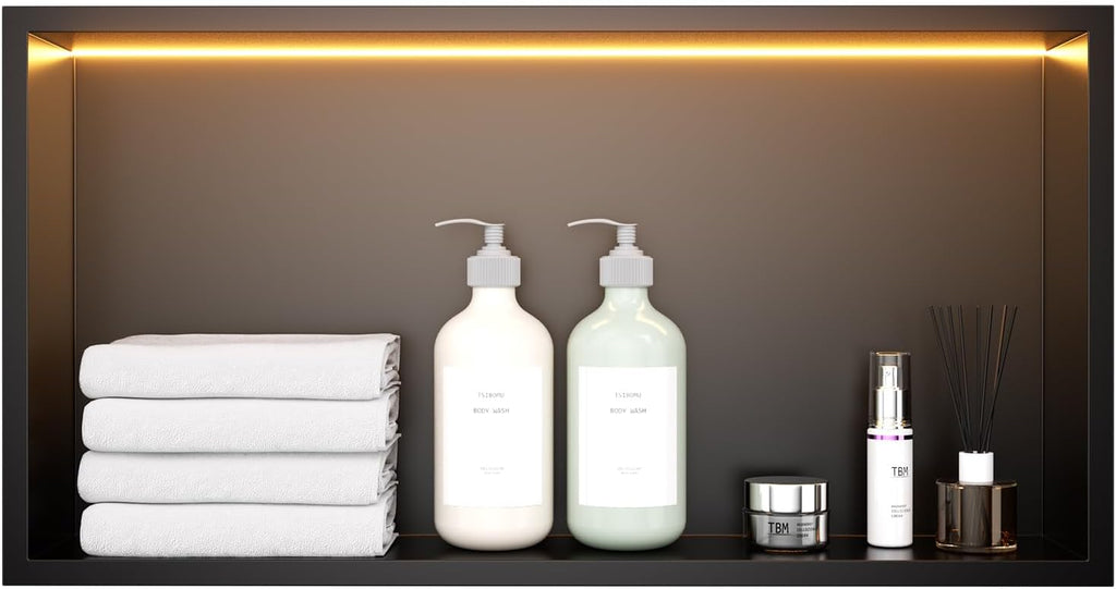 Stainless Steel 12'x24' LED Lights Shower Niche - No Tile Needed Recessed Wall Niche Waterproof for Walk in Shower Bathroom Storage, Matte Black