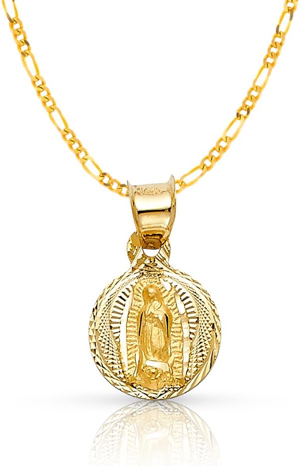 Ioka 14K Yellow Gold Diamond Cut Our Lady of Guadalupe Stamp Charm Pendant with 1.2mm Figaro 3+1 Chain Necklace