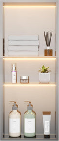 Stainless Steel LED Lights Shower Niche 12' x 30' – Recessed Wall Niche with 3-Tier Storage, Waterproof & Rustproof Modern Bathroom Shower Shelf (Brushed)