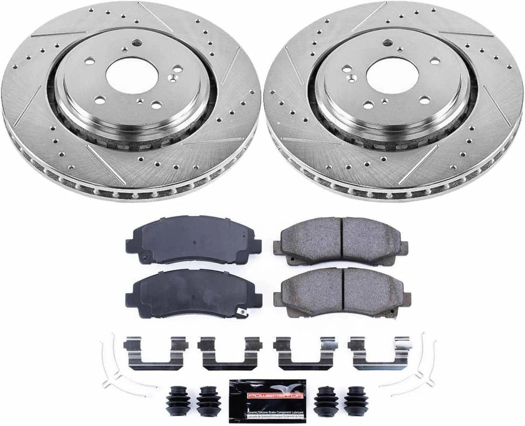 PowerStop Front Brake Kit for Acura TLX 2015-20 - Drilled and Slotted Disc Rotors with Carbon-Fiber Ceramic Brake Pads Replacement, K7214