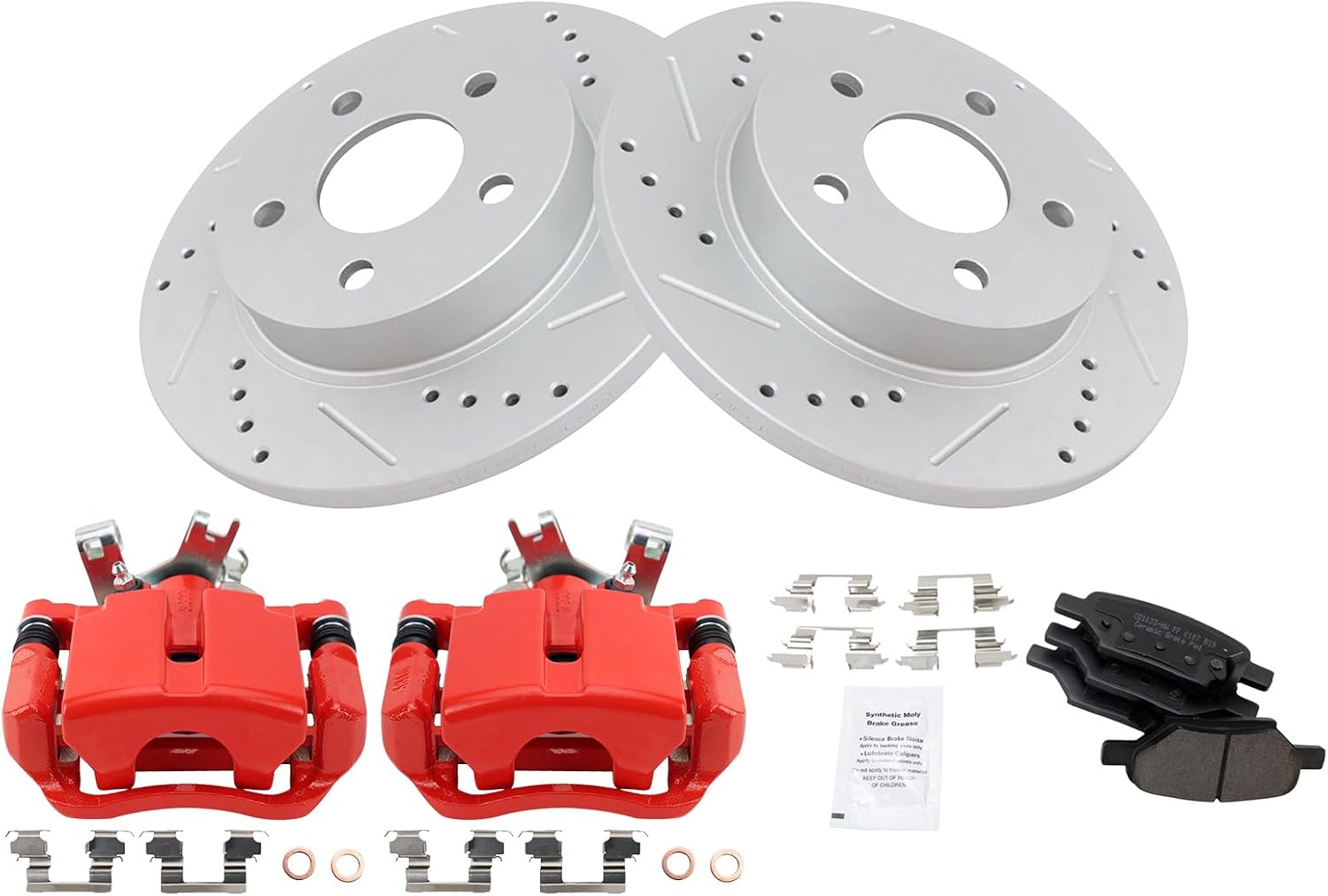 TRQ Performance Rear Brake Pad and Rotor Set Ceramic Coated Drilled Slotted Rotors Calipers Compatible with 2004-2012 Chevrolet Malibu 2005-2010 Pontiac G6 2007-2009 Saturn Aura