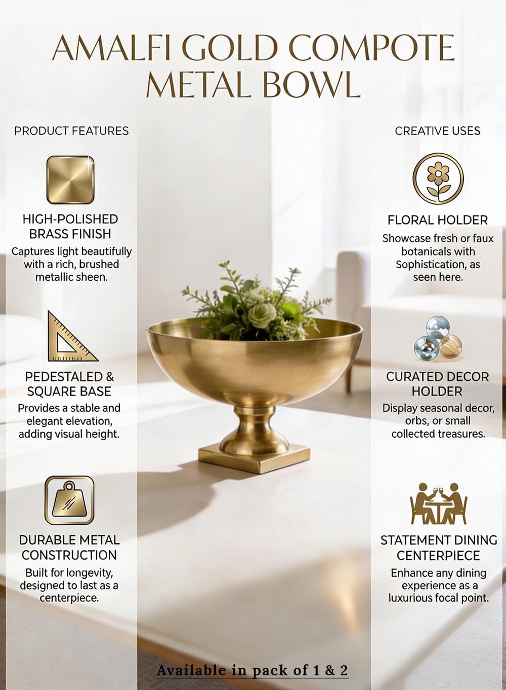 Serene Spaces Living Antique Brass Pedestal Bowl, Vintage Wedding Centerpiece, Fruit, Treats Holder, Flower Vase for Dining Table, Entry Way, Console Table, Holiday Decor (Extra Large - Pack of 2)