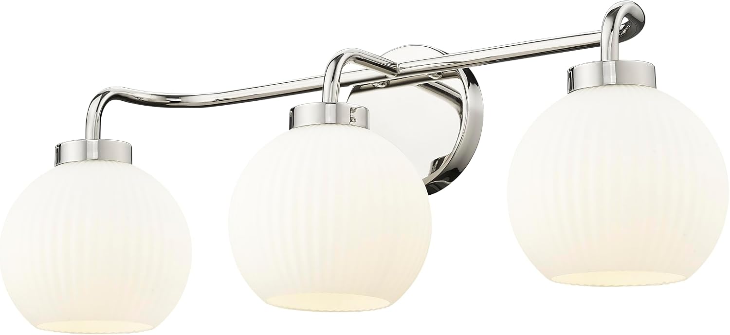 ML Lighting | Oprah Collection | 22403-PN | Indoor 3 Light Vanity in Polished Nickel with Opal Ribbed Glass Shade | Elegant and Versatile Design for Any Bathroom