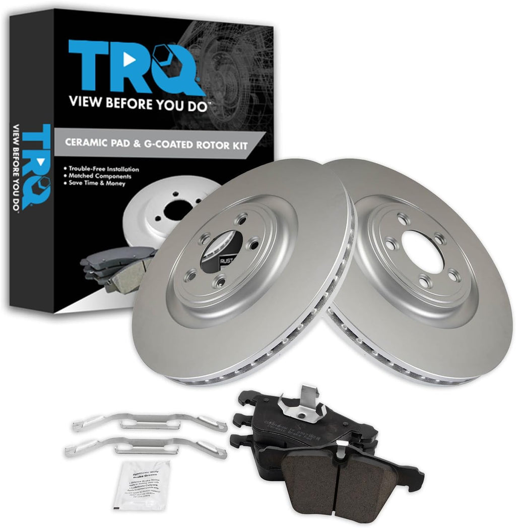 TRQ Front Brake Pad and Rotor Set Ceramic Coated Rotors Compatible with 2006-2008 Jaguar S-Type 2005-2009 Super V8 2009-2015 XF 2010-2019 XJ XJR 2010-2015 XK 2007-2009 XKR