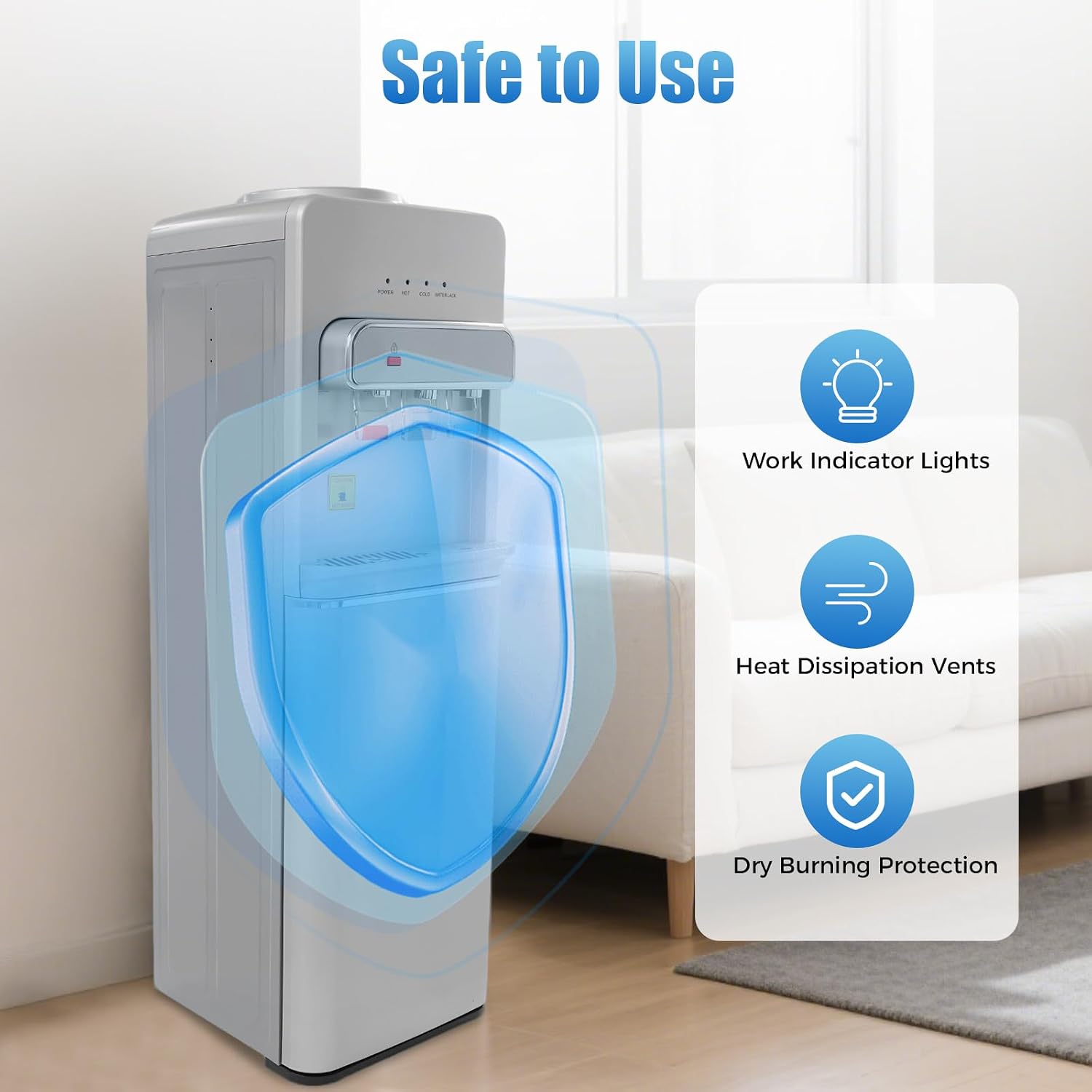 Bottom Loading Water Cooler Dispenser for 3 or 5 Gal Bottles Hot, Cold & Room Water 3 Temperature Settings Water Dispenser with Child Lock Cooling 50°F-59°F for Home Use(Silver 2)