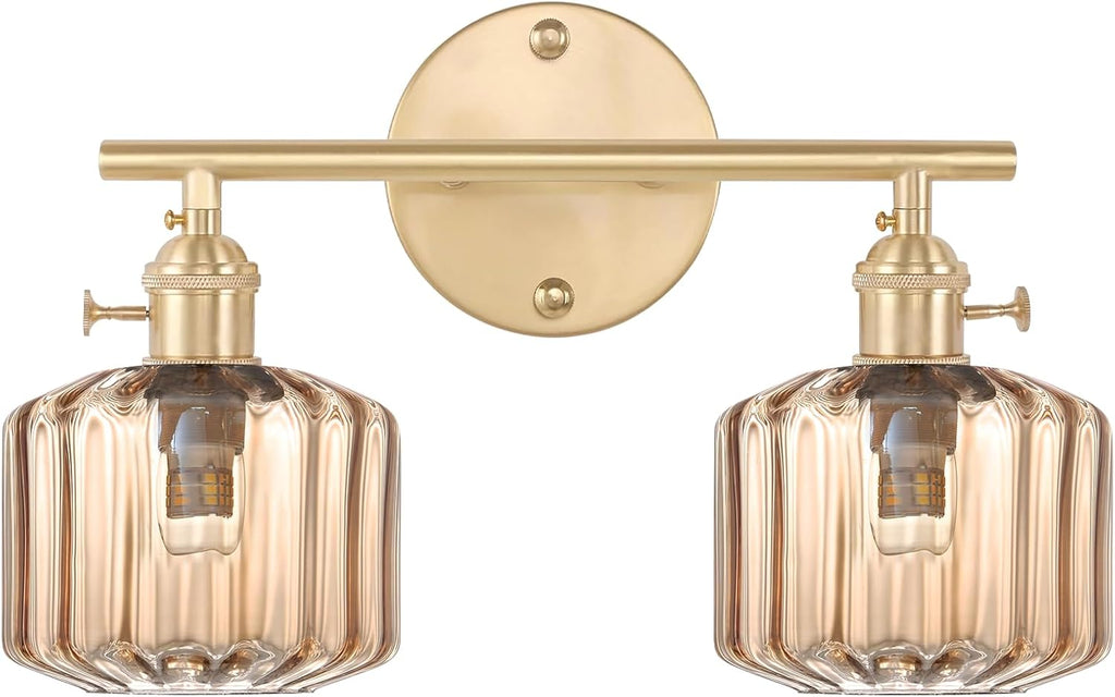 Vintage Glass Wall Sconce, 2-Light Brass Gold Bathroom Lighting Fixtures Over Mirror, Ribbed Vanity Wall Light with Amber Glass Shade, E26 Base for Bedroom, Dressing Table, Hallway